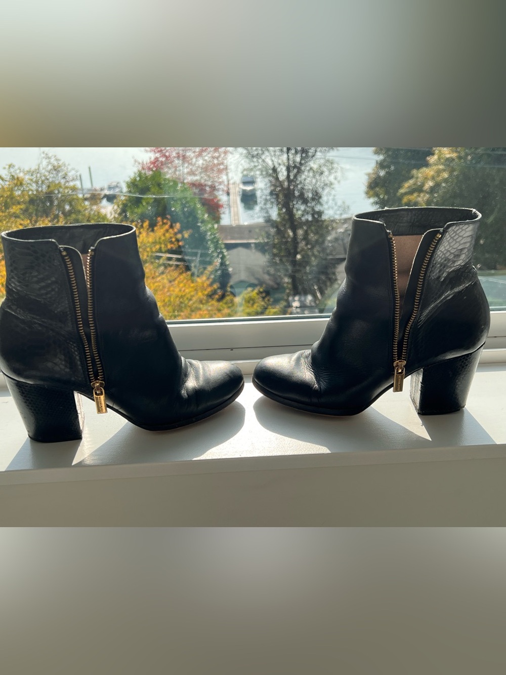 Michael Kors Black Leather Ankle Booties with Gold Zippers